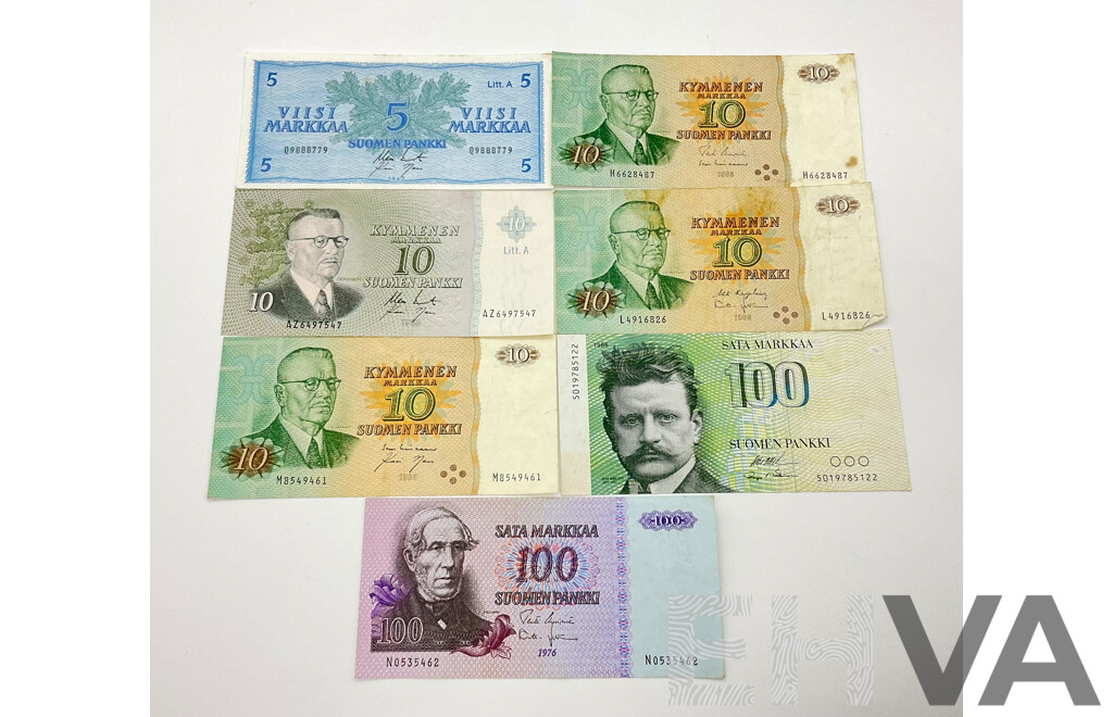 Collection of Vintage Finland Banknotes Including 1963 Five Markkaa, 1980(3) 1963 Ten Markkaa, 1976 and 1986 One Hundred Markkaa