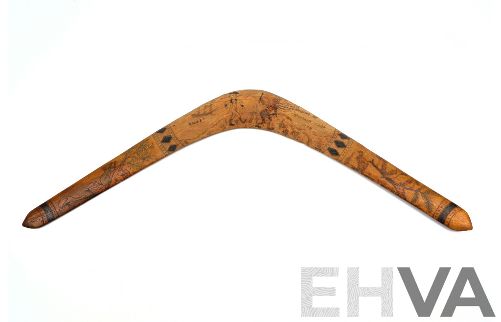 Vintage Indigenous Australian Boomerang with Incised Arrival of Captain Cook Decoration by Joe Timbery, La Perouse, Sydney, 1960s