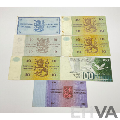 Collection of Vintage Finland Banknotes Including 1963 Five Markkaa, 1980(3) 1963 Ten Markkaa, 1976 and 1986 One Hundred Markkaa
