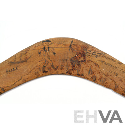 Vintage Indigenous Australian Boomerang with Incised Arrival of Captain Cook Decoration by Joe Timbery, La Perouse, Sydney, 1960s