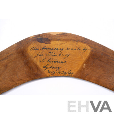 Vintage Indigenous Australian Boomerang with Incised Arrival of Captain Cook Decoration by Joe Timbery, La Perouse, Sydney, 1960s