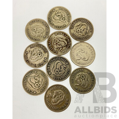 Ten Australian KGVI 1946 Silver Shillings .500