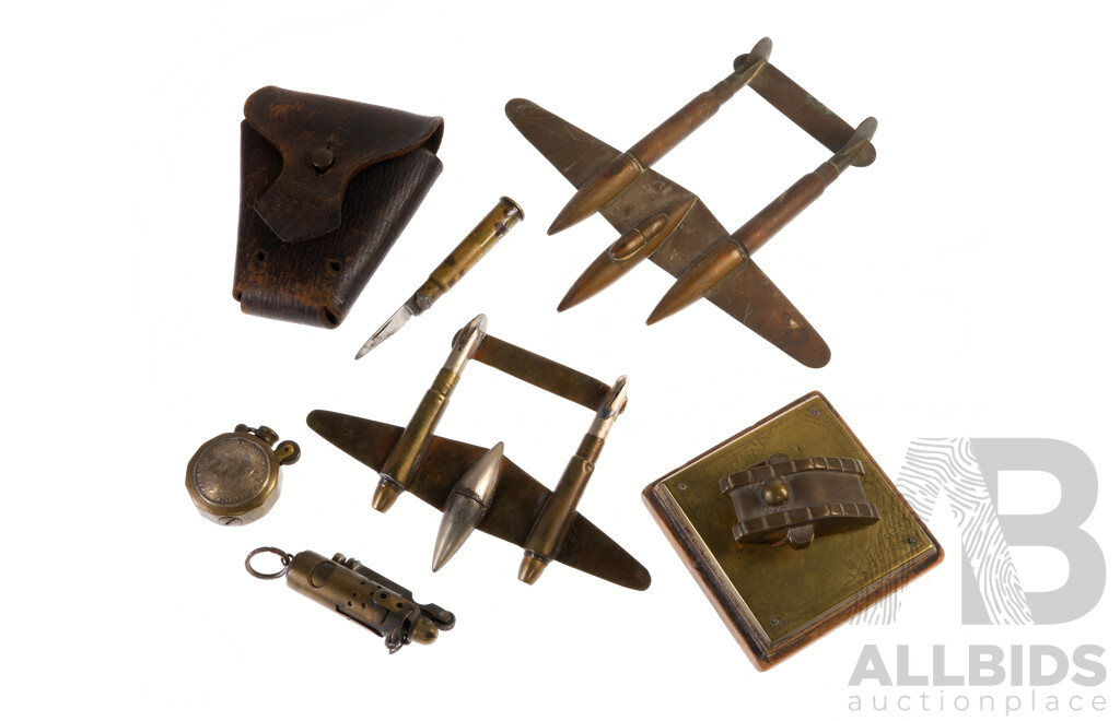 Great Collection Brass Trench Art Including Two Bullet Case Bomber Planes, Pen Knife, Two Lighters and More