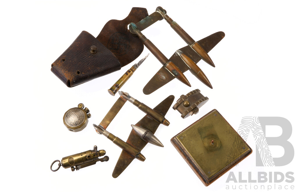 Great Collection Brass Trench Art Including Two Bullet Case Bomber Planes, Pen Knife, Two Lighters and More