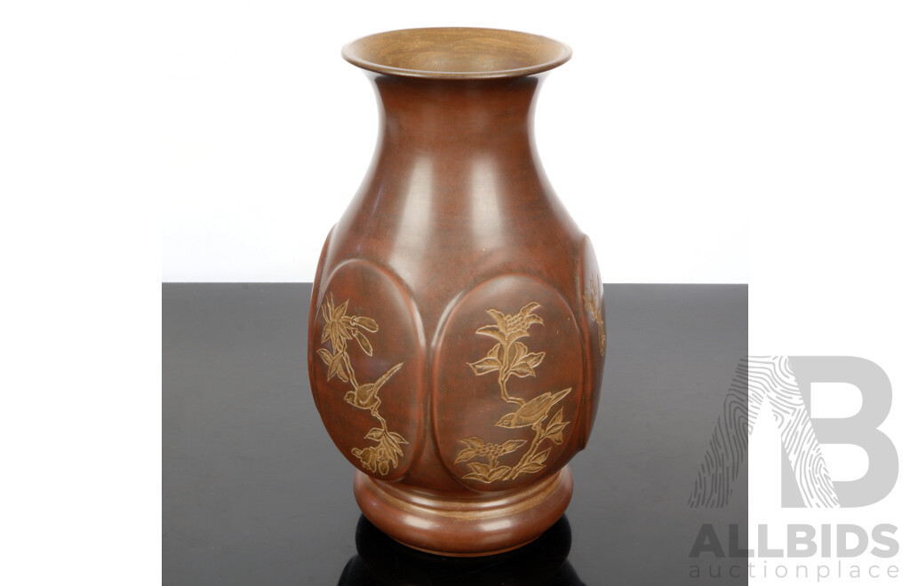 Ceramic Vase with Hexagonal Paneling and Engraved Avian Detail