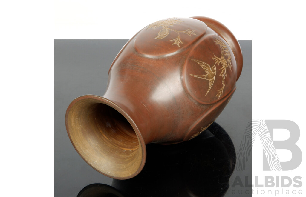 Ceramic Vase with Hexagonal Paneling and Engraved Avian Detail
