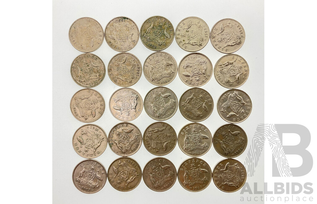 Twenty Five Australian QE2 Silver Sixpence Coins, Examples Spanning Years 1956 to 1963
