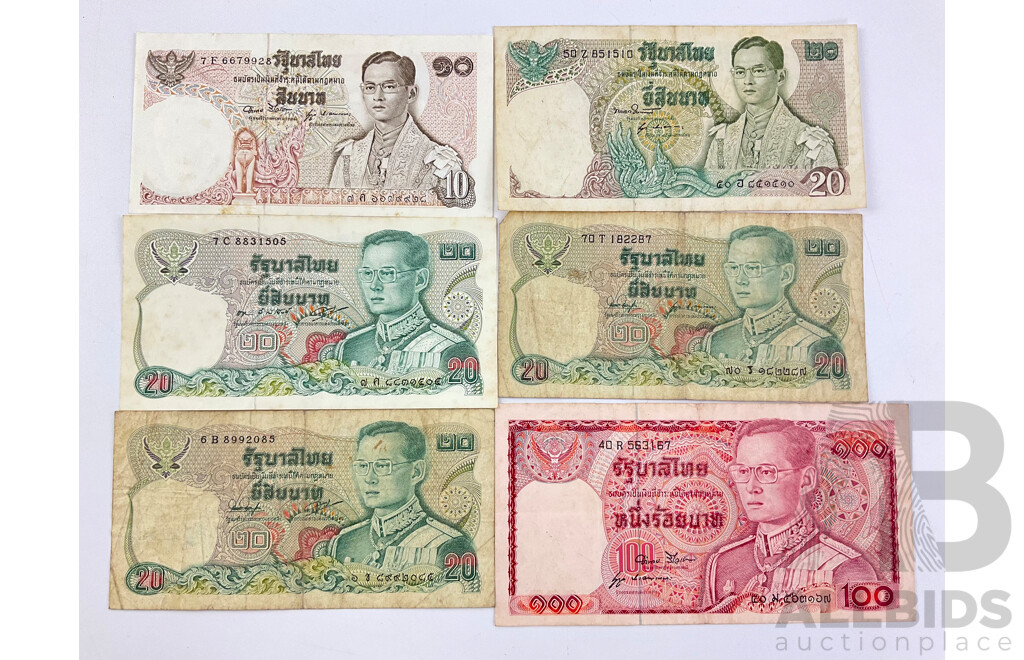 Thailand 1970's/80's Paper Banknotes, Ten, Twenty, One Hundred Baht