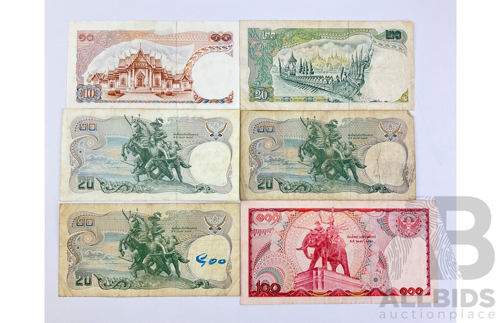 Thailand 1970's/80's Paper Banknotes, Ten, Twenty, One Hundred Baht