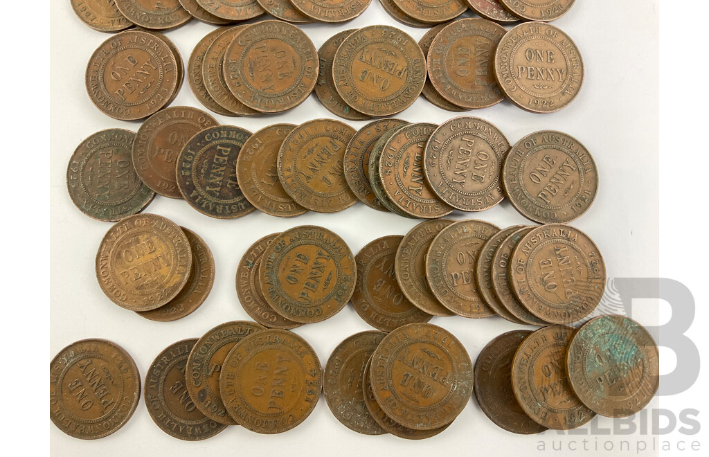 Collection of Australian KGV One Pennies, Examples Spanning 1921 to 1929