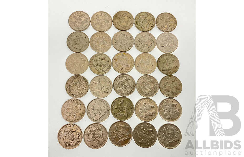 Thirty Australian QE2 Slver Sixpence, Years 1960, 1961, 1962, 1963  .500