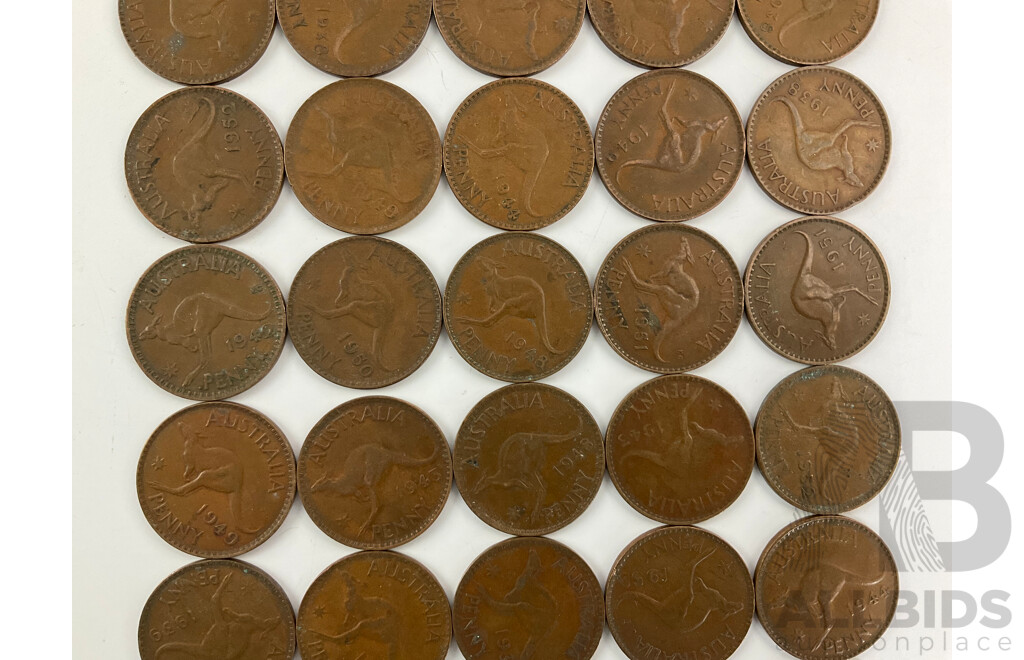 Forty Australian KGVI Pennies, Years Spanning 1938 to 1952