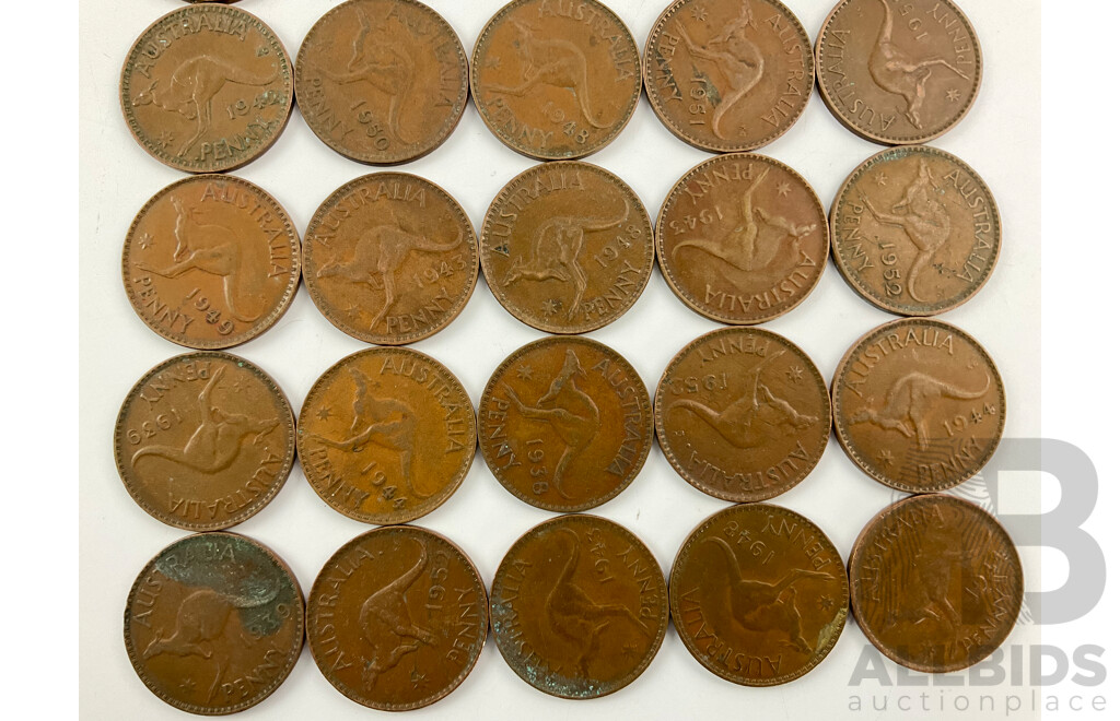 Forty Australian KGVI Pennies, Years Spanning 1938 to 1952