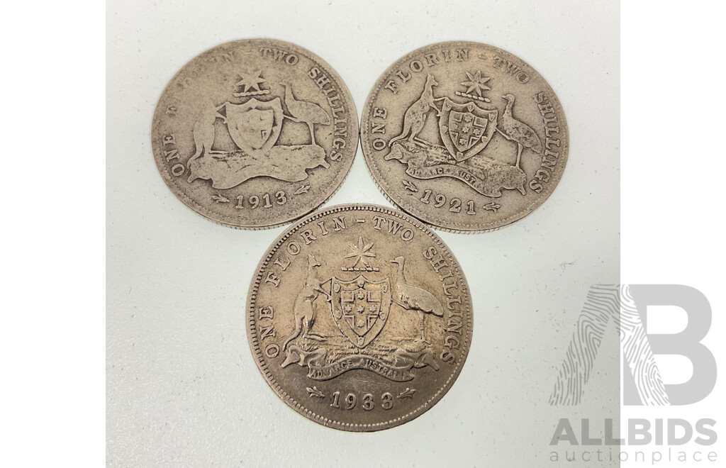 Three Australian KGV Silver Florins, 1913, 1921, 1933 .925