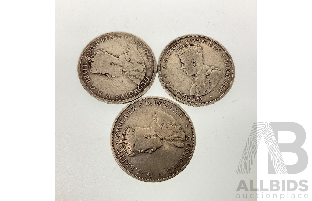 Three Australian KGV Silver Florins, 1913, 1921, 1933 .925