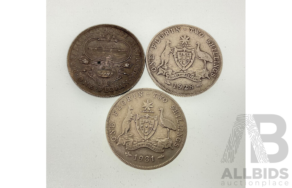 Three Australian KGV Silver Florins, 1927 Commemorative, 1928, 1931 .925
