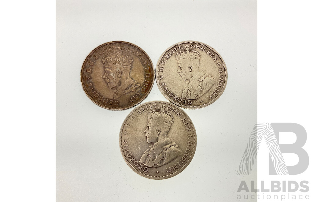 Three Australian KGV Silver Florins, 1927 Commemorative, 1928, 1931 .925