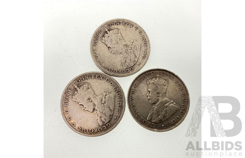Three Australian KGV Silver Florins, 1924, 1925, 1934  .925