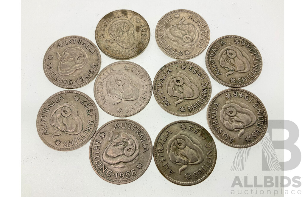 Ten Australian KGVI/QE2 Silver Shillings Spanning Years 1946 to 1960  .500