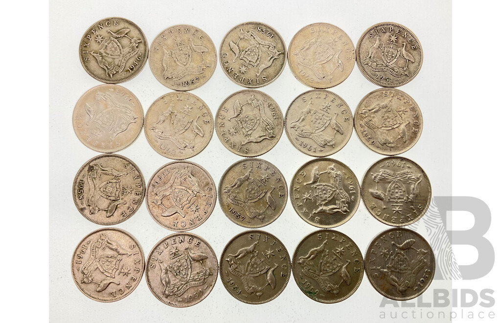 Twenty Australian KGVI/QE2 Silver Sixpence Spanning Years 1946 to 1963  .500