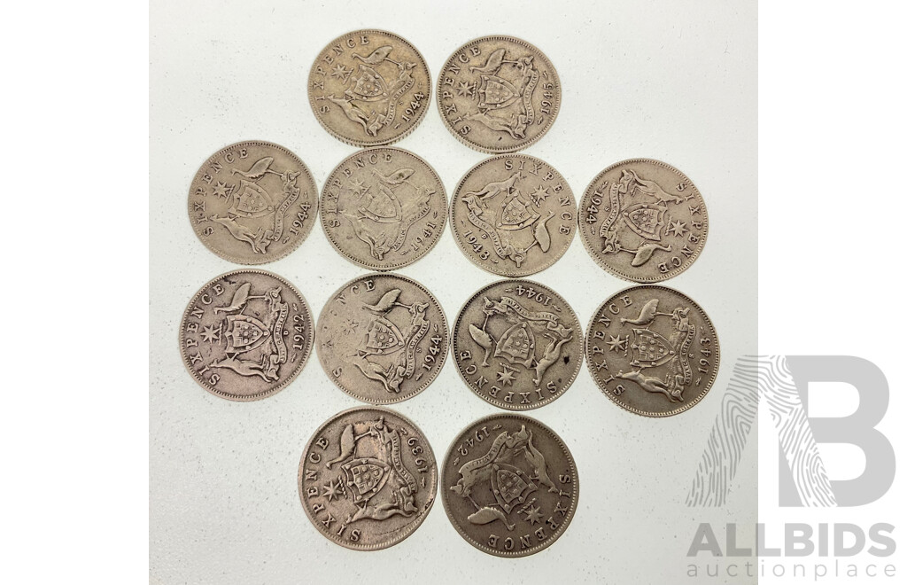 Twelve Australian KGVI Silver Sixpence Spanning Years 1939 to 1945 Including Denver and San Fransisco Mints  .925