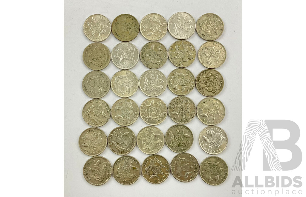 Thirty Australian KGVI/QE2 Silver Sixpence, Examples Spanning 1946 to 1962  .500