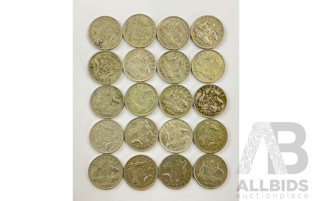 Twenty Australian KGVI/QE2 Silver Sixpence, Examples Spanning 1946 to 1959  .500