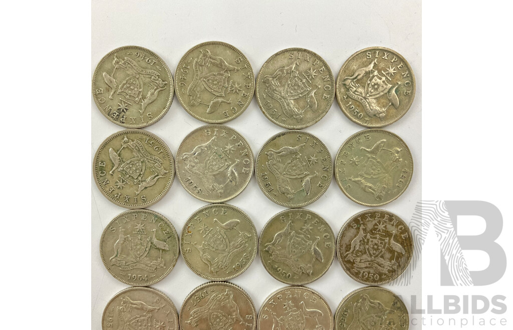 Twenty Australian KGVI/QE2 Silver Sixpence, Examples Spanning 1946 to 1959  .500