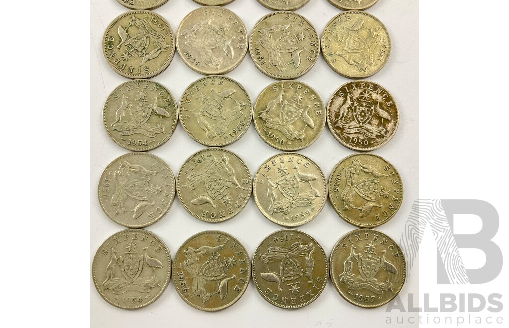Twenty Australian KGVI/QE2 Silver Sixpence, Examples Spanning 1946 to 1959  .500