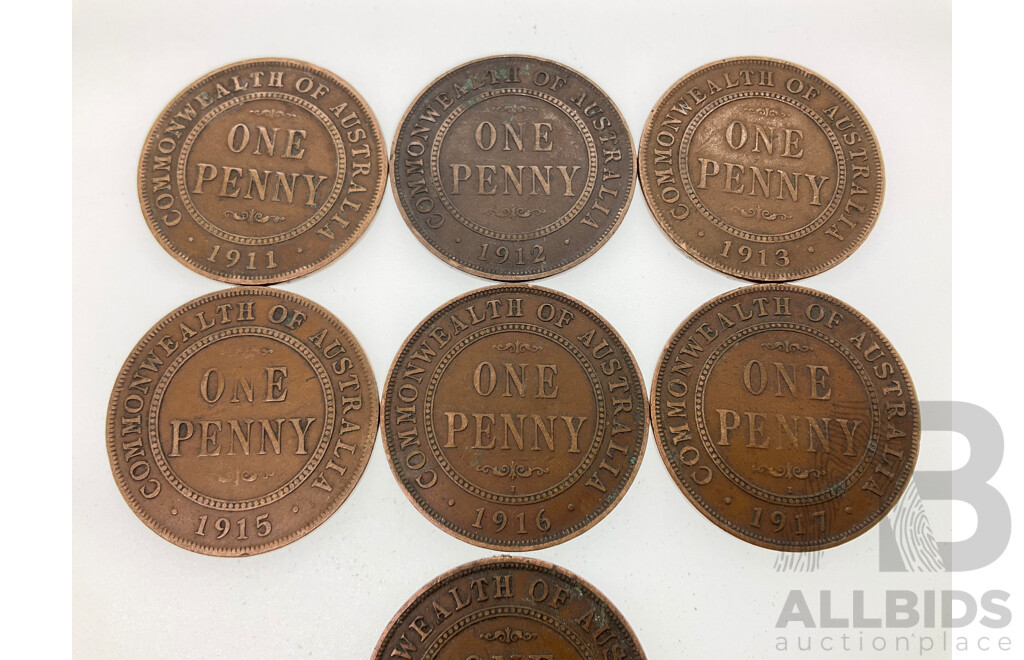 Seven Australian KGV Pennies Including 1911, 1912, 1913, 1915, 1916I, 1917I, 1918I