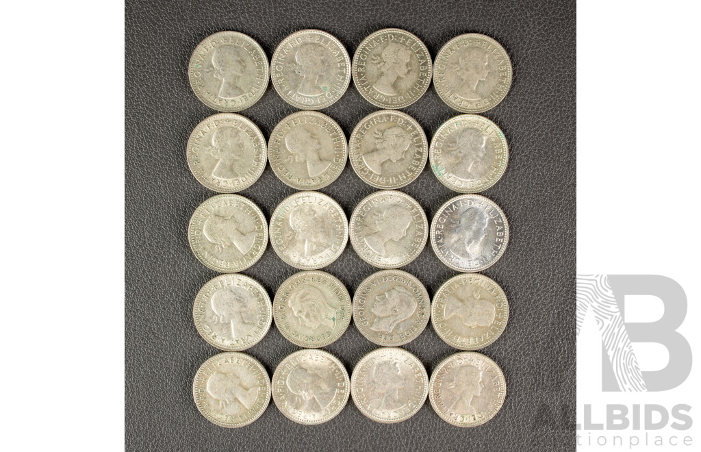 Twenty Australian KGVI/QE2 Silver Sixpence, Examples Spanning 1951 to 1963  .500