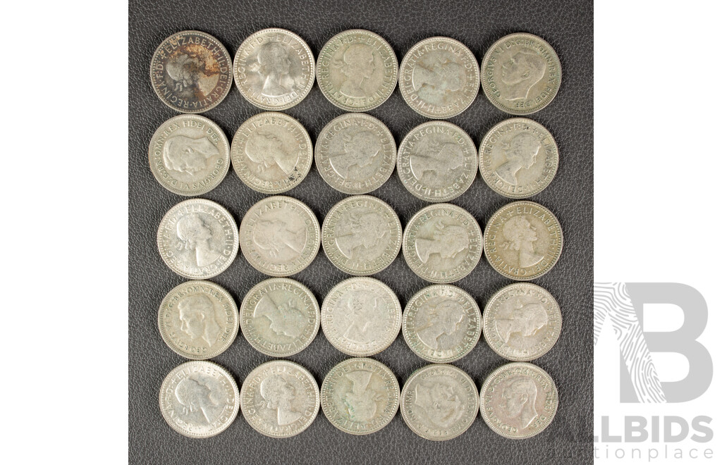 Twenty Five Australian KGVI/QE2 Silver Sixpence, Examples Spanning 1948 to 1963  .500