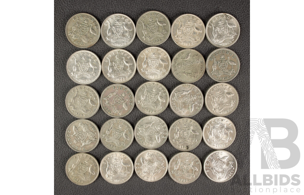 Twenty Five Australian KGVI/QE2 Silver Sixpence, Examples Spanning 1948 to 1963  .500