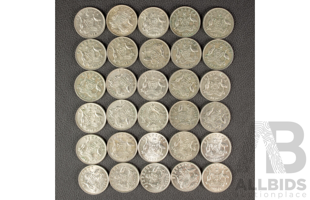 Thirty Australian KGVI/QE2 Silver Sixpence, Examples Spanning 1946 to 1963  .500
