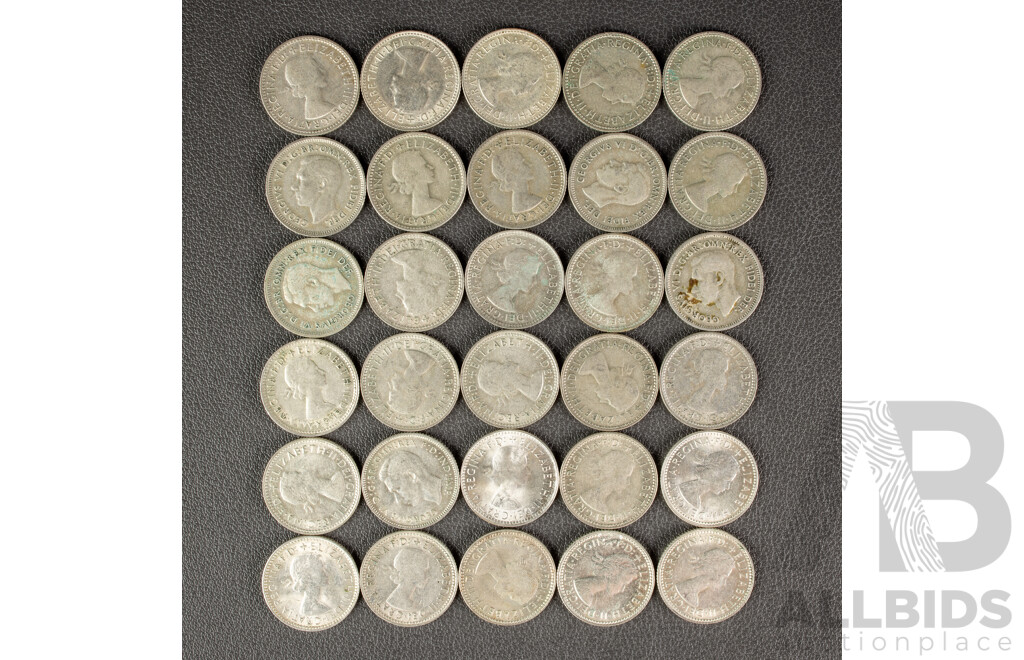 Thirty Australian KGVI/QE2 Silver Sixpence, Examples Spanning 1946 to 1963  .500