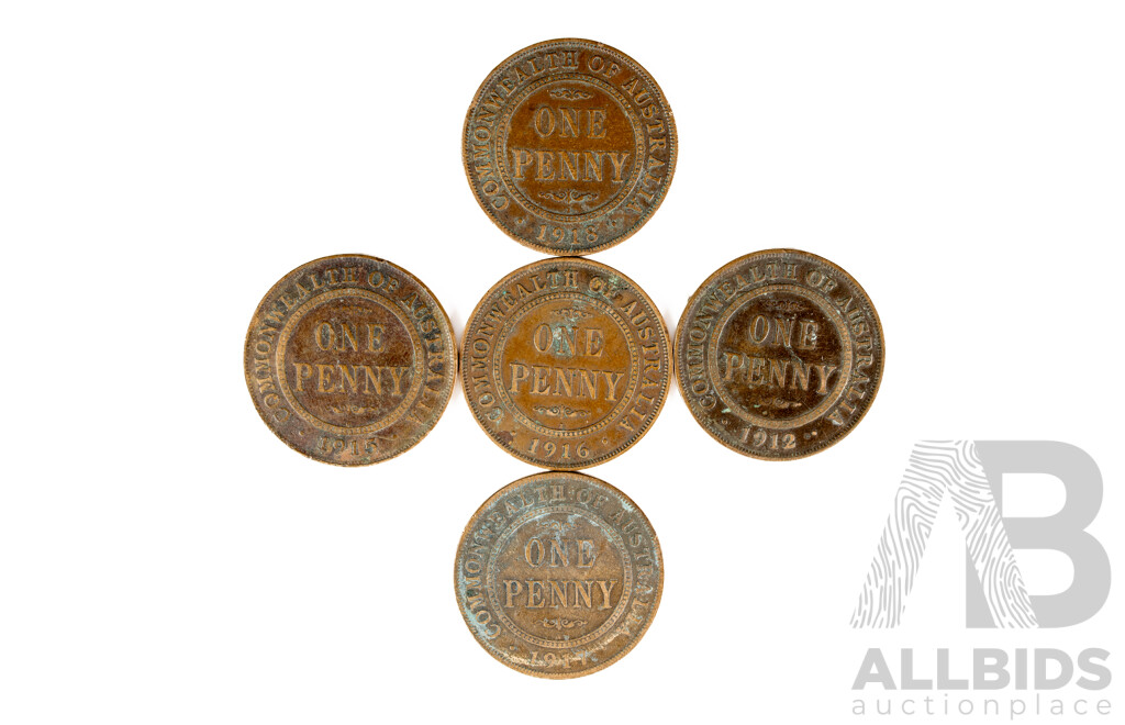 Five Australian KGV Foreign Mint Pennies Including 1912H 1915H, 1916I, 1917I, 1918I