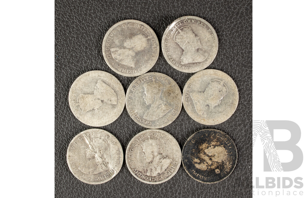 Eight Australian KEVII/KGV Melbourne Mint Silver Threepence Including 1910(2) 1911, 1912, 1914, 1915, 1920, 1925