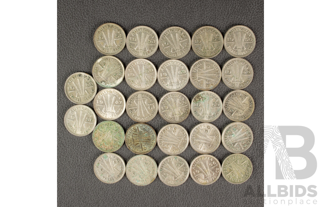 Twenty Seven Australian KGVI/QE2 Silver Threepence, Examples Spanning 1947 to 1960  .500