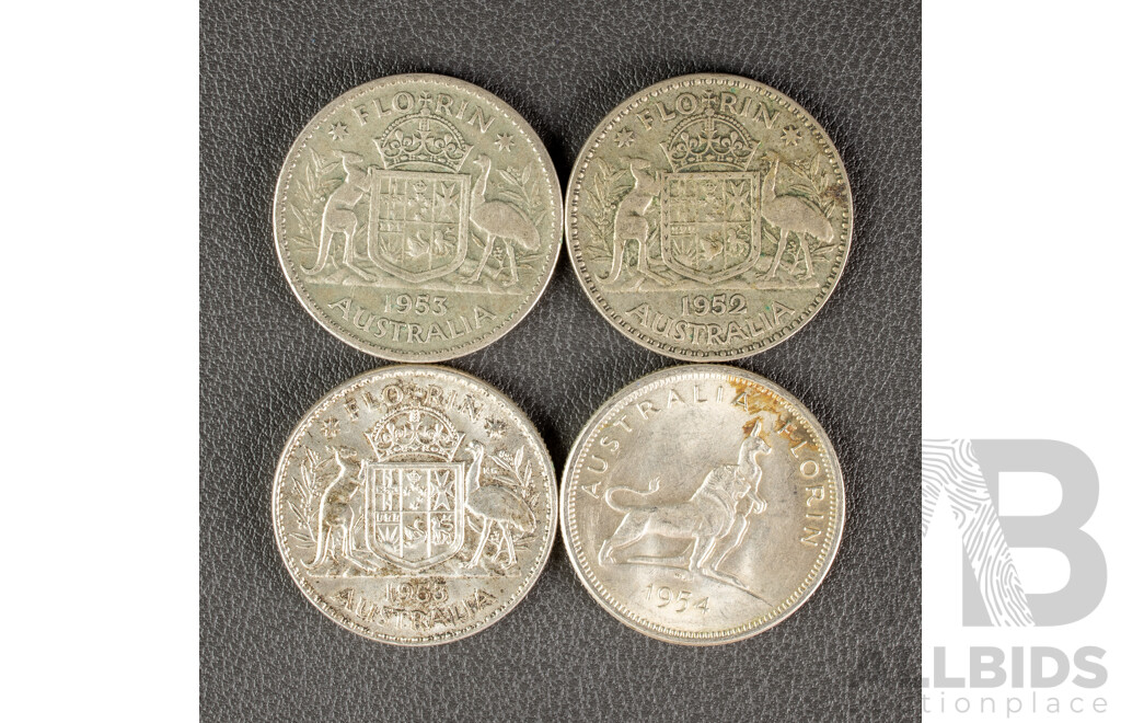 Four Australian KGVI/QE2 Silver Florins Including 1952, 1953(2) 1954 Commemorative   .500