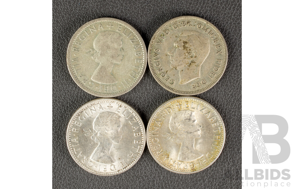 Four Australian KGVI/QE2 Silver Florins Including 1952, 1953(2) 1954 Commemorative   .500
