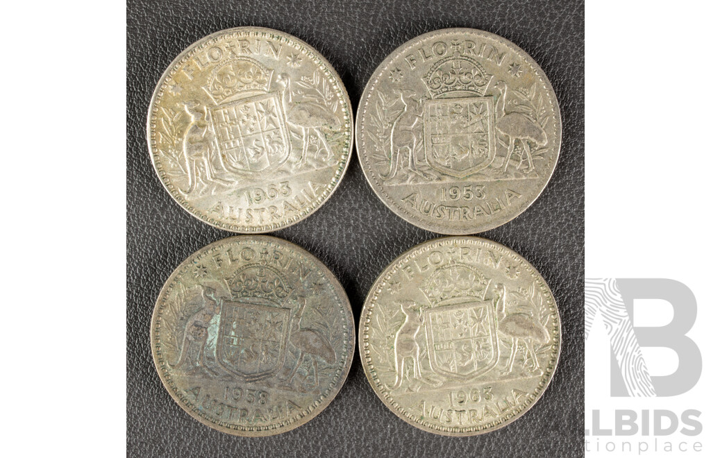 Four Australian QE2 Silver Florins Including 1953, 1958, 1963(2)   .500