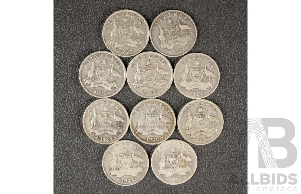Ten Australian KGV Silver Sixpence Including 1911, 1912, 1921, 1922, 1925, 1926, 1927, 1928, 1934, 1936   .925