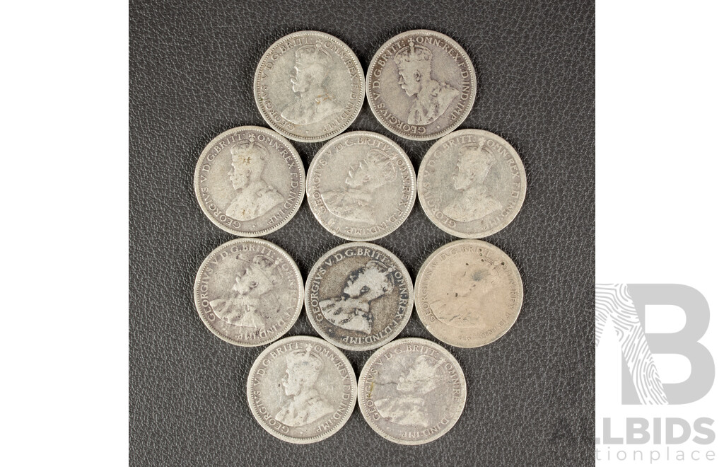 Ten Australian KGV Silver Sixpence Including 1911, 1912, 1921, 1922, 1925, 1926, 1927, 1928, 1934, 1936   .925