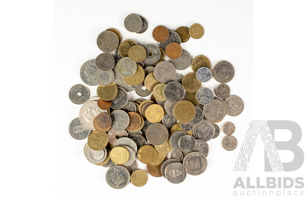 Collection of Vintage Coins Including Finland, Sweden, Denmark, Thailand, Bahrain, Morocco with Golden Virginia Tobacco Tin