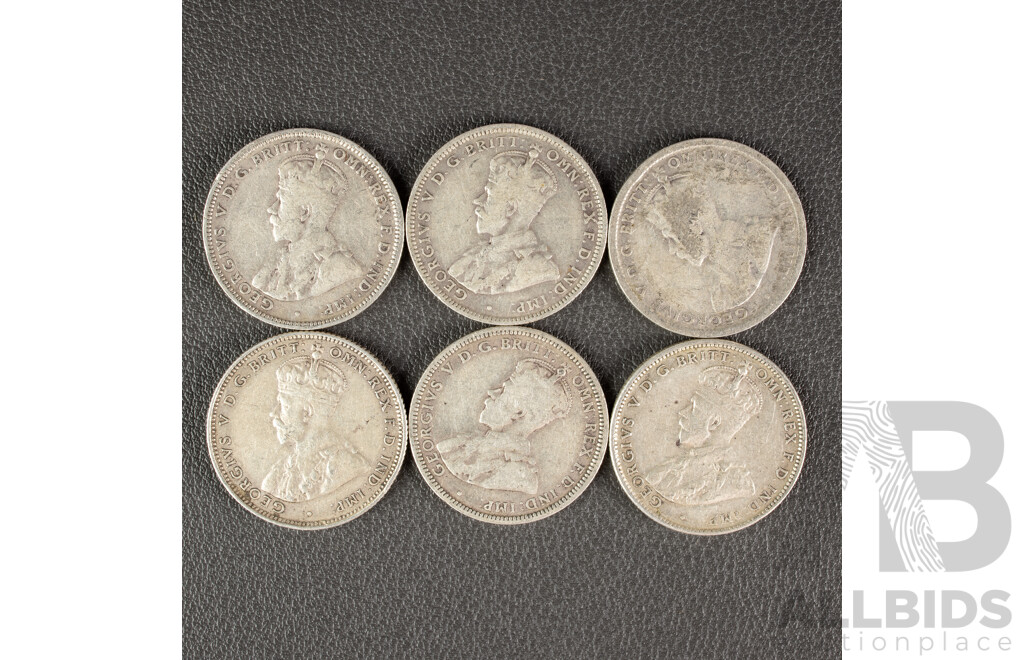 Six Australian KGV Silver Shillings Including 1917M, 1922, 1925, 1927, 1935, 1936  .925