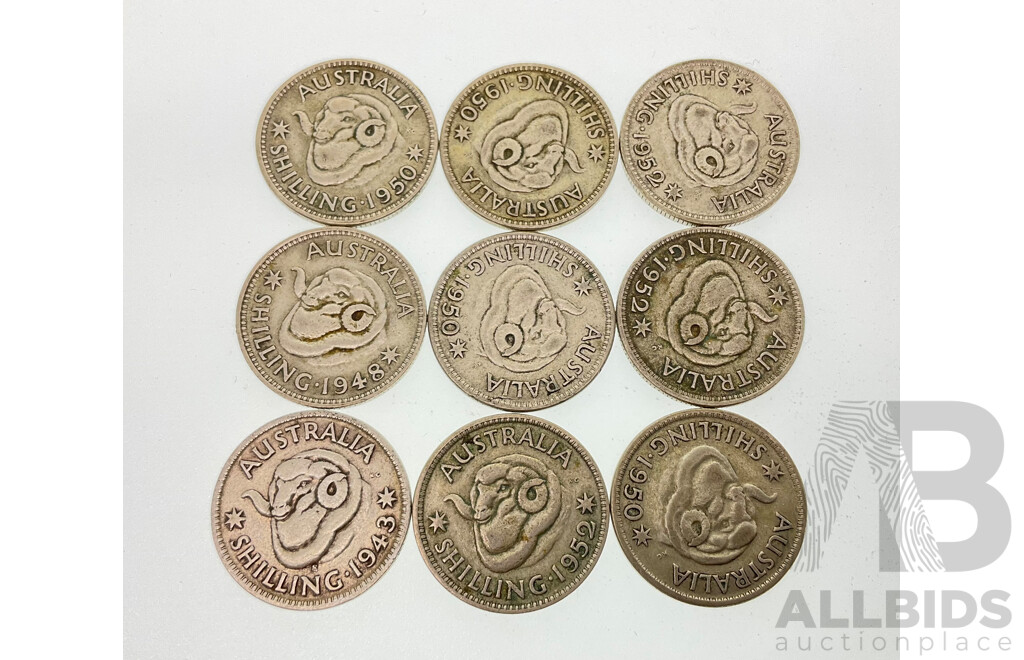 Nine Australian KGVI Silver Shillings Including 1943, 1948, 1950(4) 1952(3)