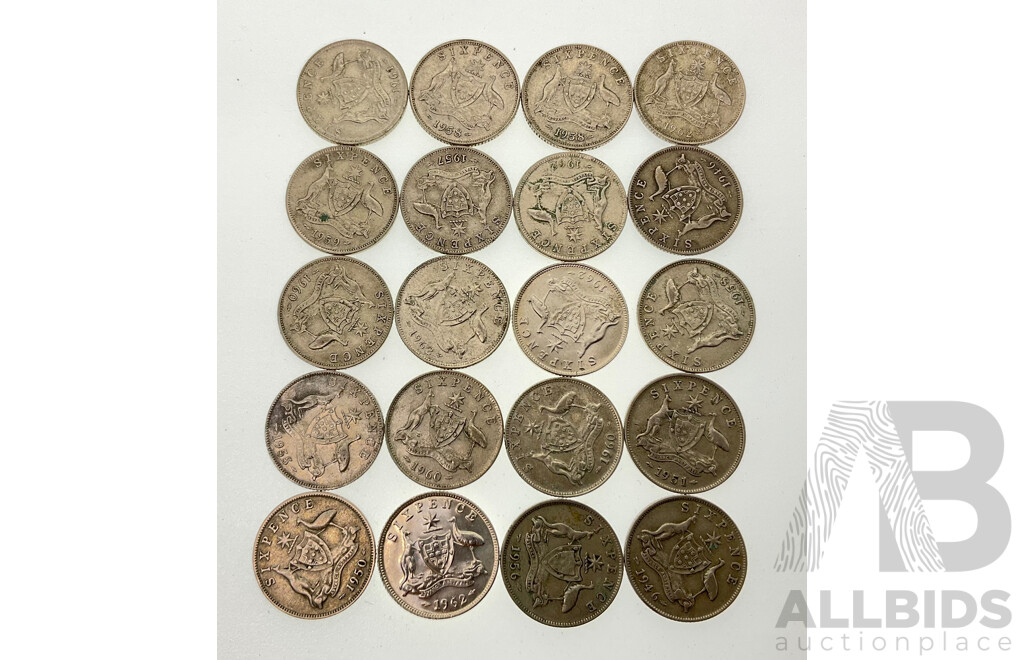 Twenty Australian KGVI/QE2 Silver Sixpence, Examples Spanning 1946 to 1962  .500