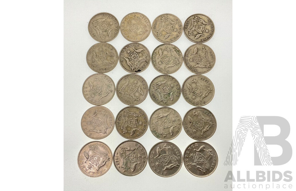 Twenty Australian KGVI/QE2 Silver Sixpence, Examples Spanning 1948 to 1963  .500