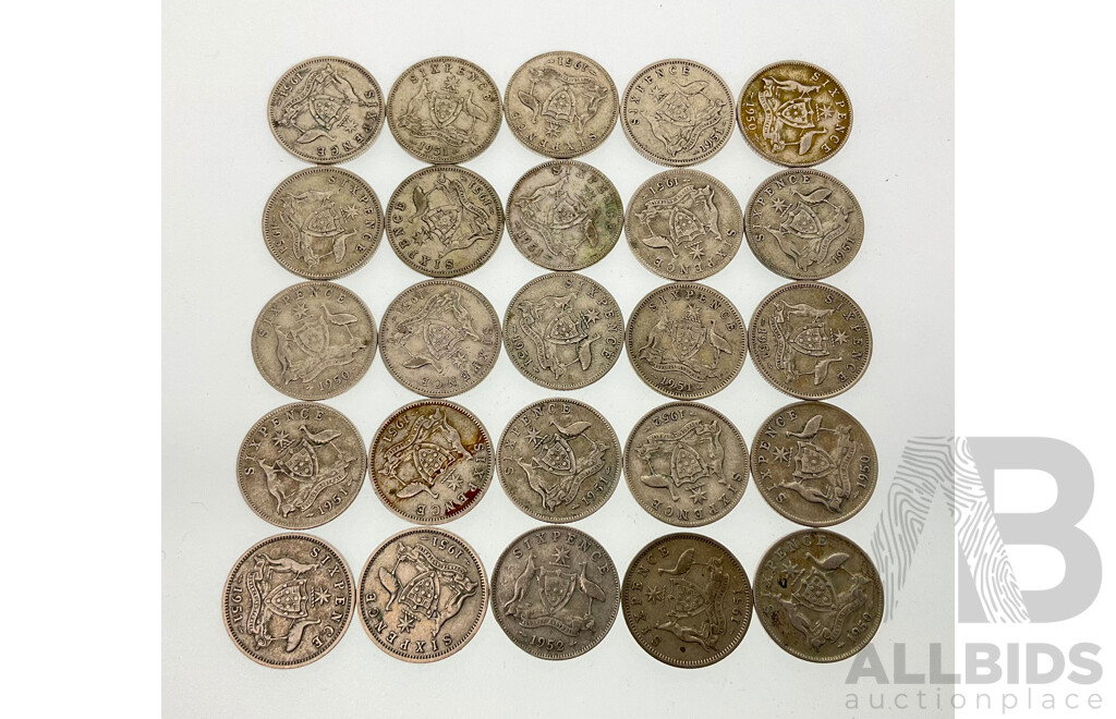 Twenty Five Australian KGVI Silver Sixpence Including Years 1950, 1951, 1952  .500