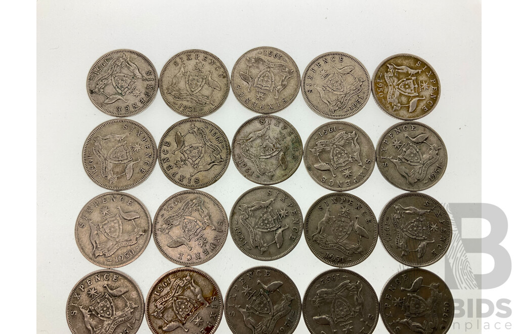 Twenty Five Australian KGVI Silver Sixpence Including Years 1950, 1951, 1952  .500